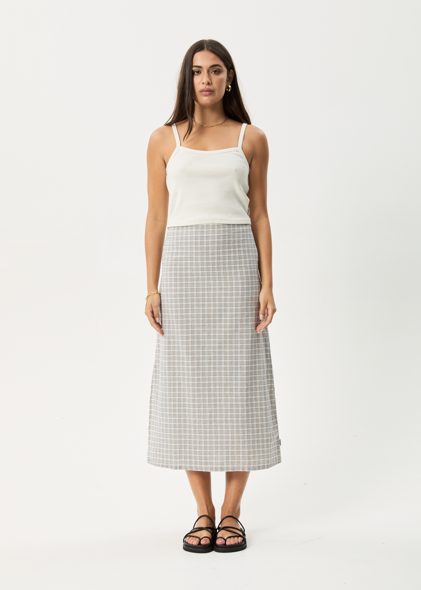 AFENDS Womens Drew - Seersucker Midi Skirt - Taupe Check